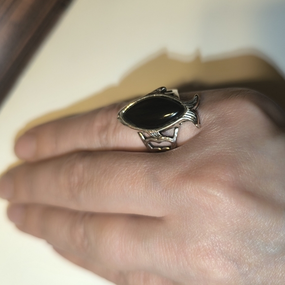 Large Textured Fish Black Onyx Sterling Silver Men Unisex Ring Size 10 - Picture 11 of 17